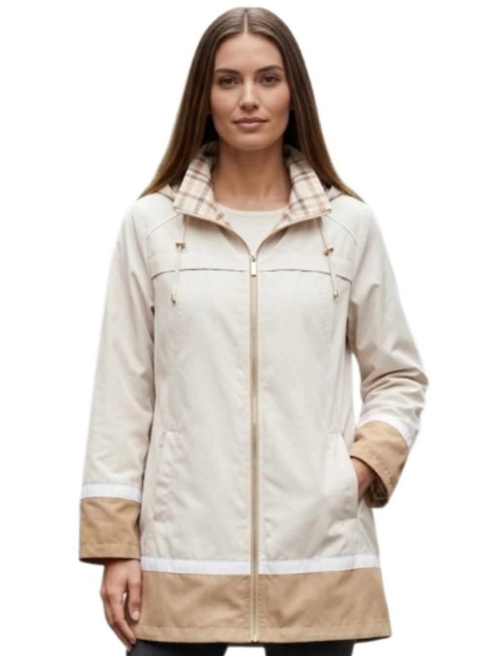 ISAAC MIZRAHI LIVE Cream Tan Plaid Reversible Rain Coat Windbreaker LIKE NEW